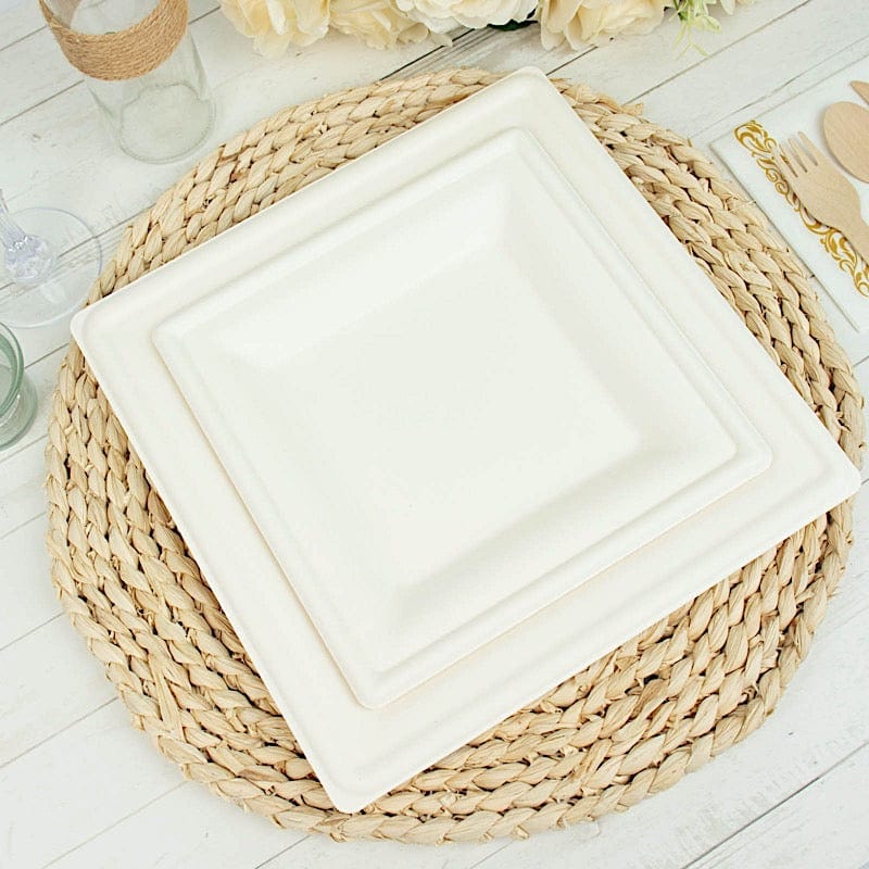 50 White Square Sustainable Bagasse Disposable Salad Dinner Plates