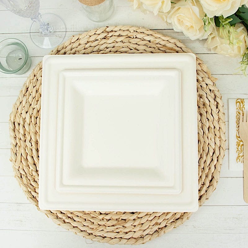 50 White Square Sustainable Bagasse Disposable Salad Dinner Plates