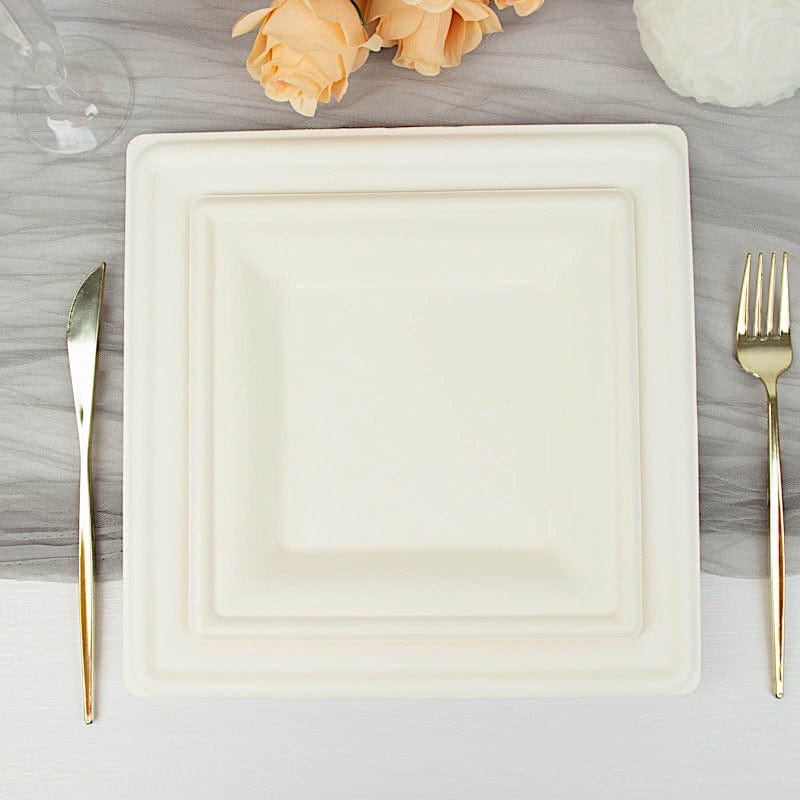 50 White Square Sustainable Bagasse Disposable Salad Dinner Plates