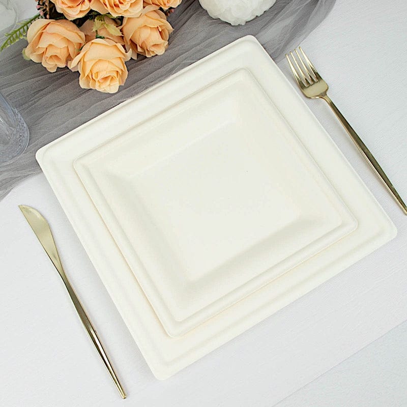 50 White Square Sustainable Bagasse Disposable Salad Dinner Plates