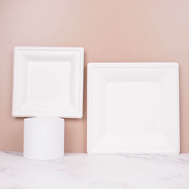 50 White Square Sustainable Bagasse Disposable Salad Dinner Plates