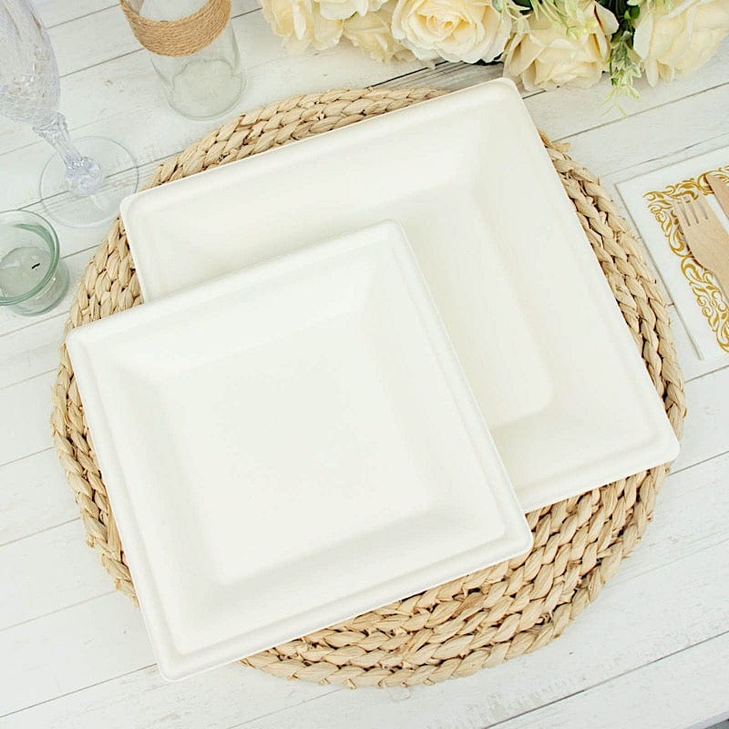50 White Square Sustainable Bagasse Disposable Salad Dinner Plates