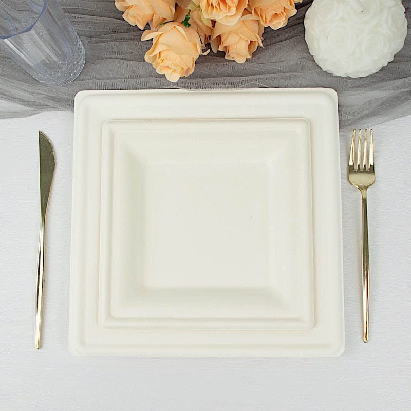 50 White Square Sustainable Bagasse Disposable Salad Dinner Plates