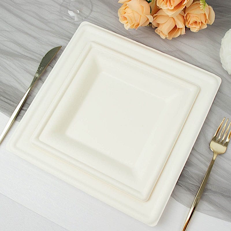 50 White Square Sustainable Bagasse Disposable Salad Dinner Plates