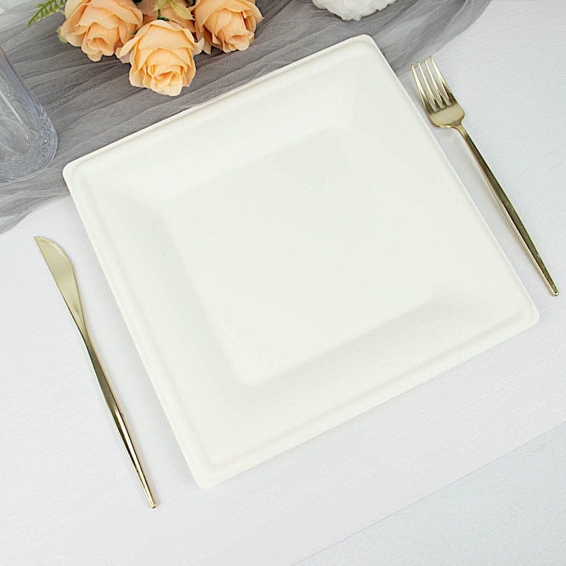 50 White Square Sustainable Bagasse Disposable Salad Dinner Plates
