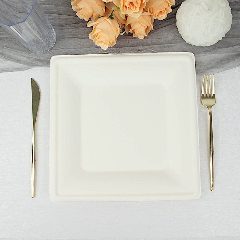 50 White Square Sustainable Bagasse Disposable Salad Dinner Plates