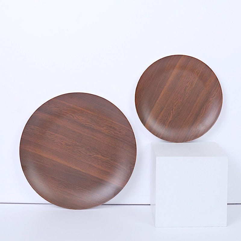 6 Round Disposable Heavy Duty Plastic Plates Wood Grain Design