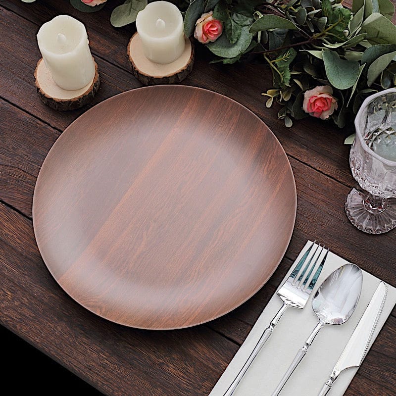 6 Round Disposable Heavy Duty Plastic Plates Wood Grain Design