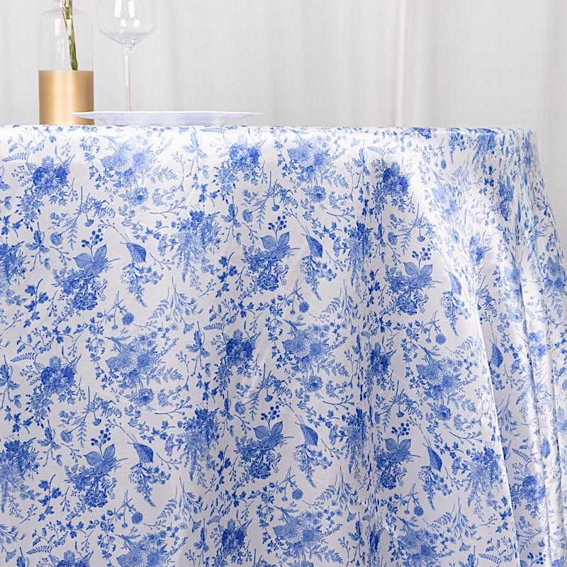 120 in White Satin Round Tablecloth with Blue Floral Print