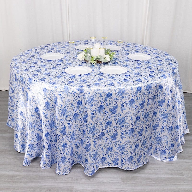 120 in White Satin Round Tablecloth with Blue Floral Print