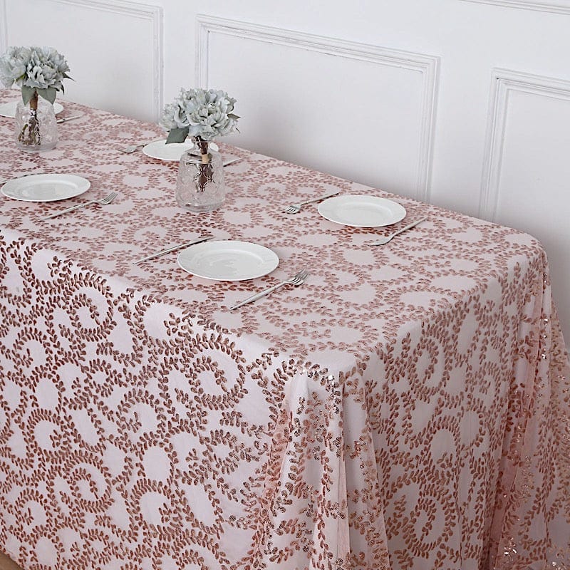 90x156 in Embroidered Leaves Sequined Sheer Tulle Rectangle Tablecloth
