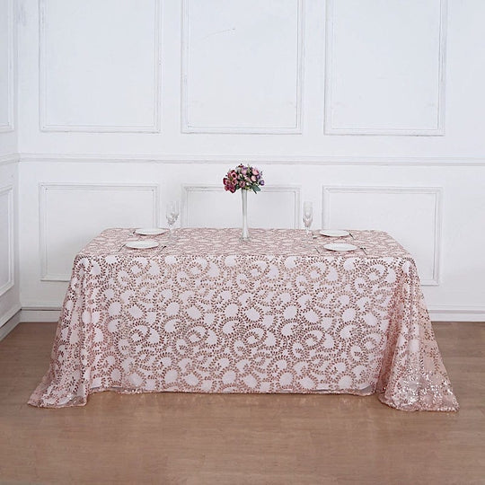 90x156 in Embroidered Leaves Sequined Sheer Tulle Rectangle Tablecloth