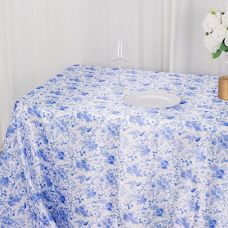 90x132 in White Satin Rectangle Tablecloth with Blue Floral Print