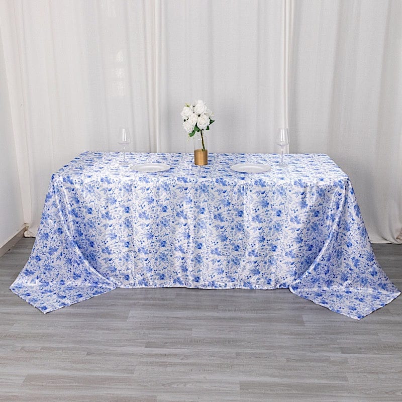 90x132 in White Satin Rectangle Tablecloth with Blue Floral Print