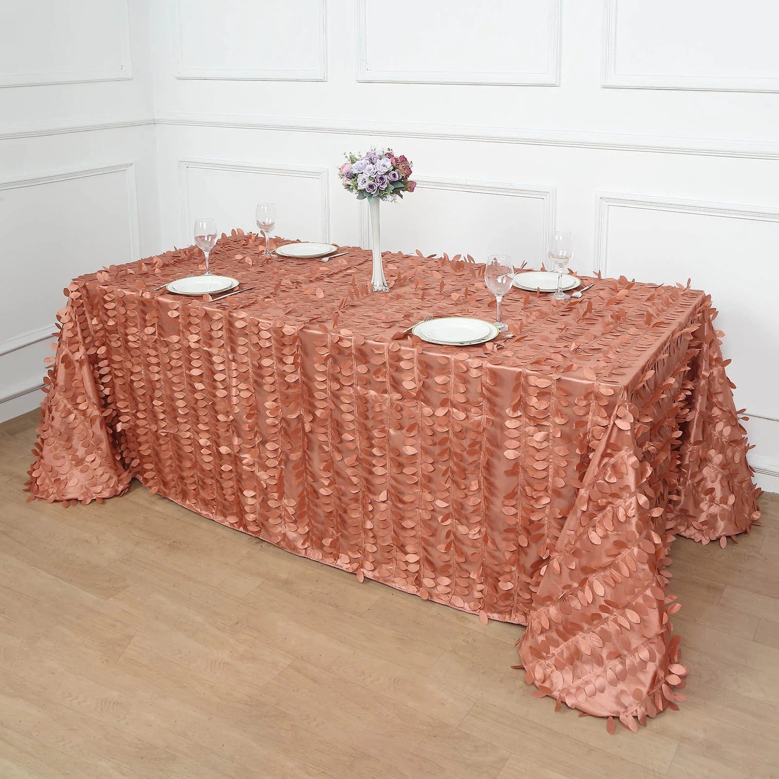 90x156 in Taffeta Rectangle Tablecloth with 3D Leaves Petals Design