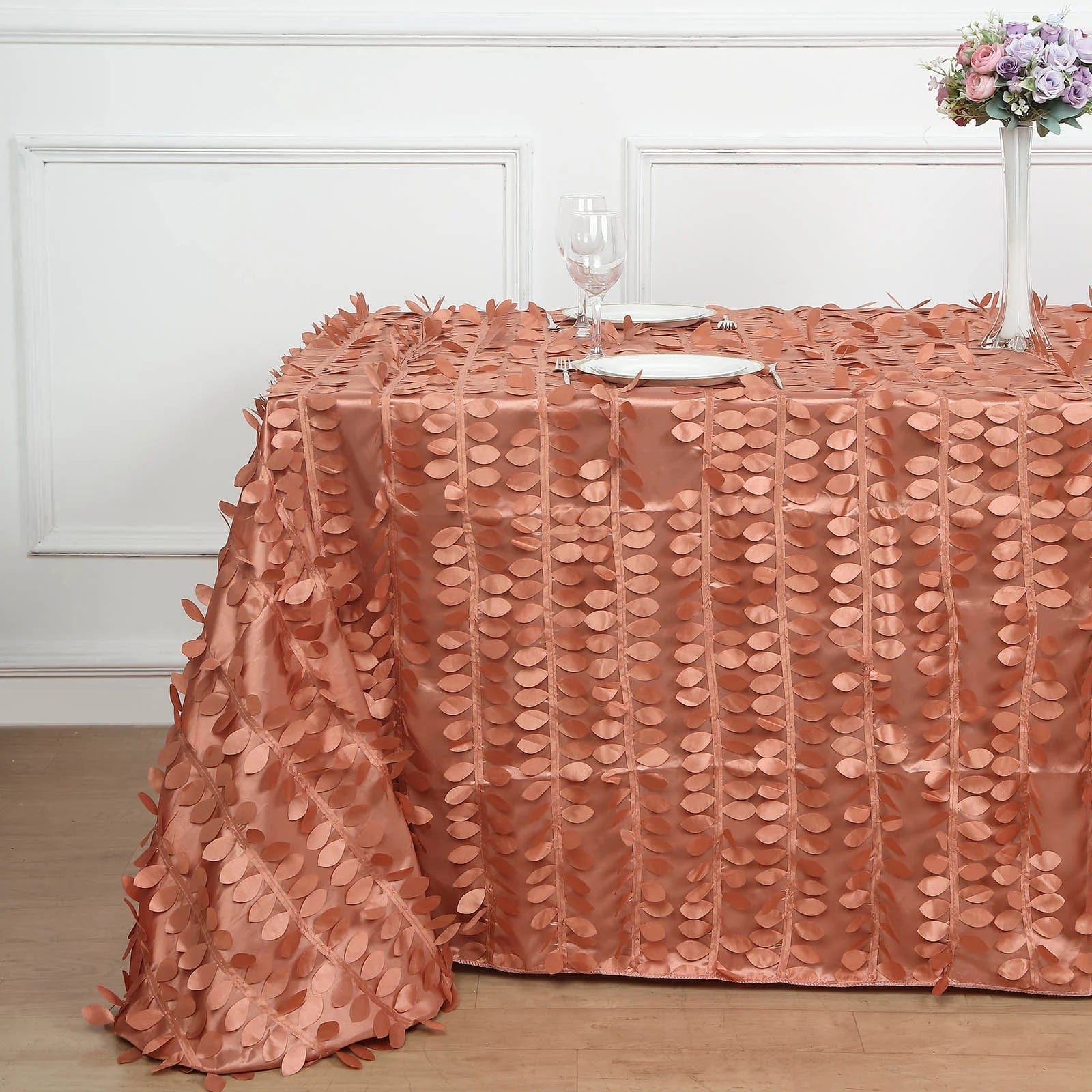 90x156 in Taffeta Rectangle Tablecloth with 3D Leaves Petals Design