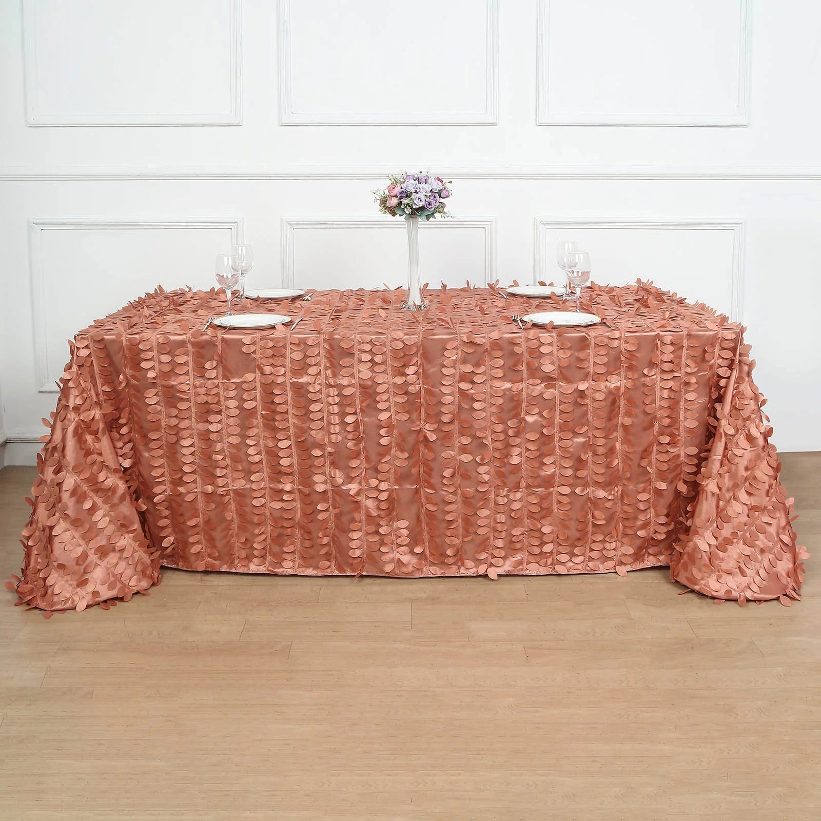 90x156 in Taffeta Rectangle Tablecloth with 3D Leaves Petals Design