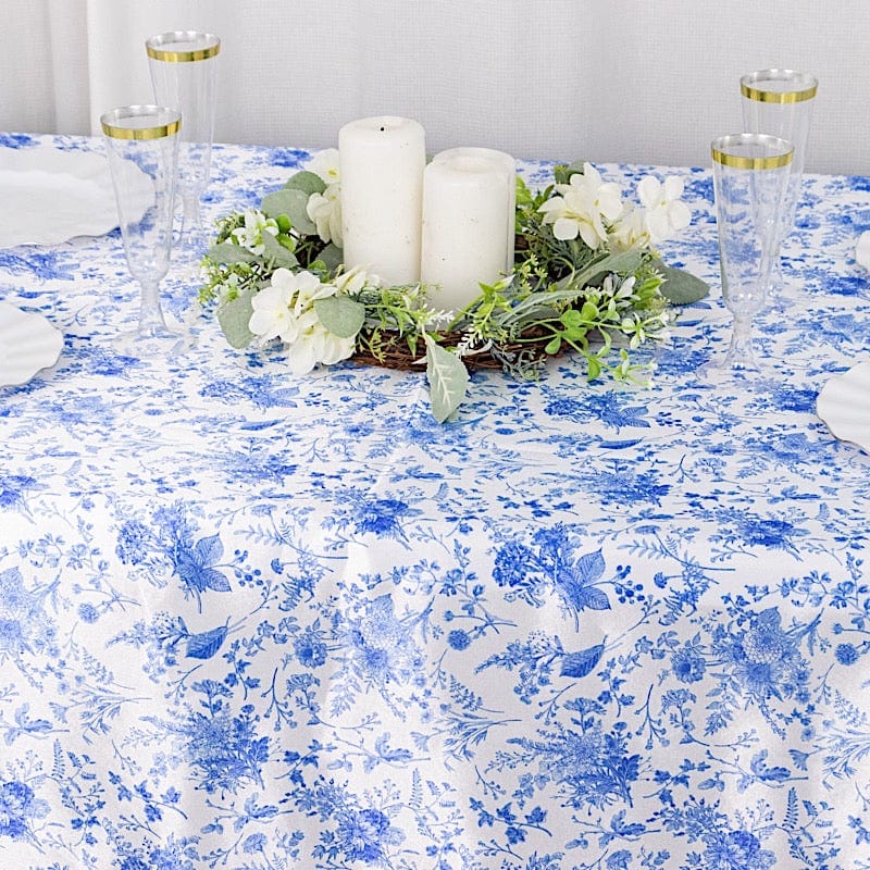 90x156 in White Satin Rectangle Tablecloth with Blue Floral Print