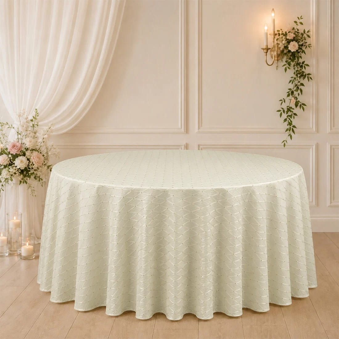 120 in Jacquard Polyester Round Tablecloth Diamond Trellis with Gold Accents