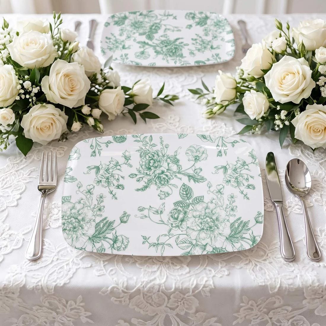 10 French Toile 12x7 in Plastic Rectangle Serving Trays