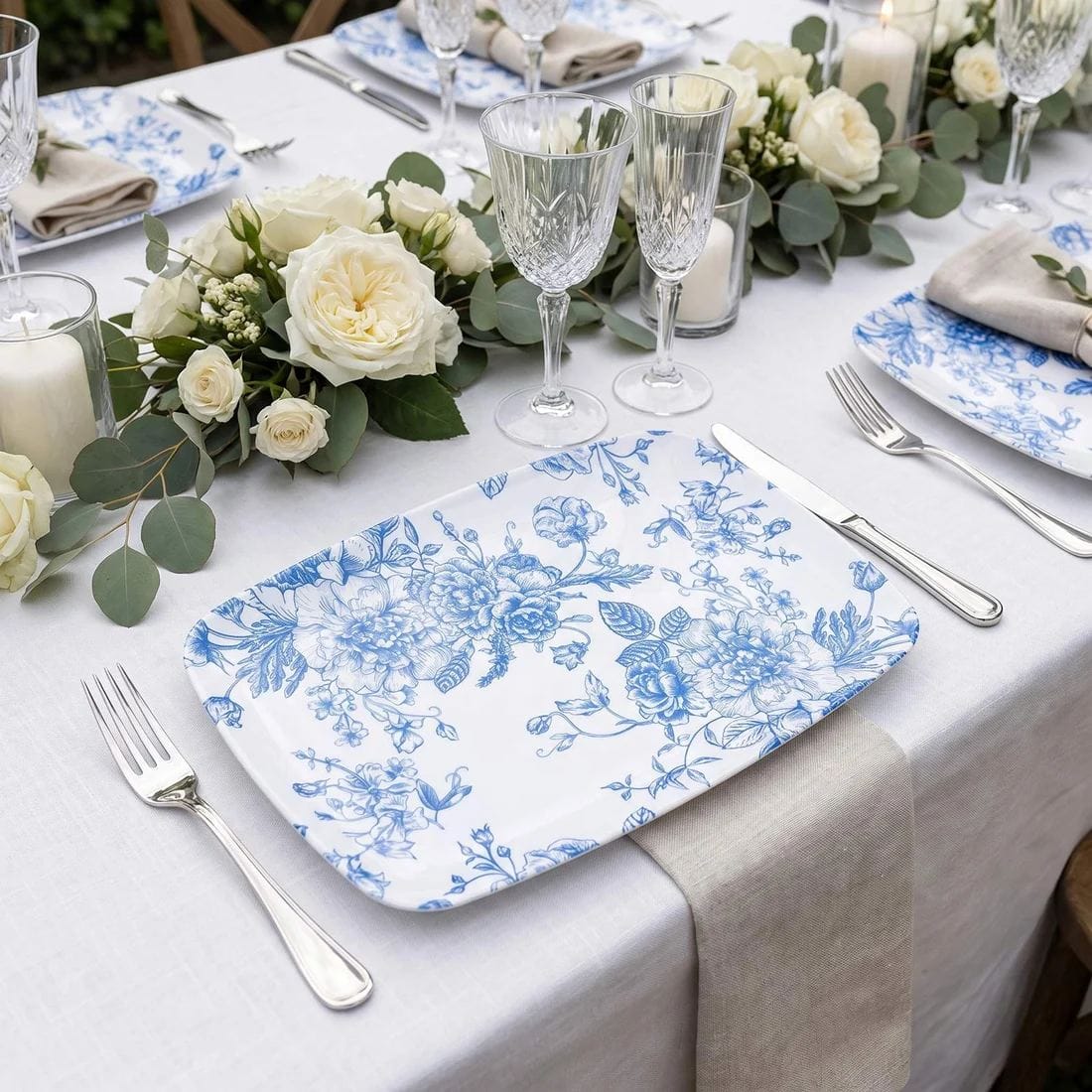 10 French Toile 12x7 in Plastic Rectangle Serving Trays