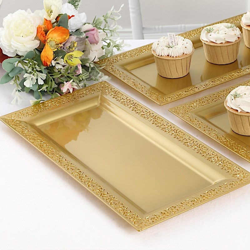 4 Rectangular 14 in Plastic Serving Trays with Lace Print Rim Design