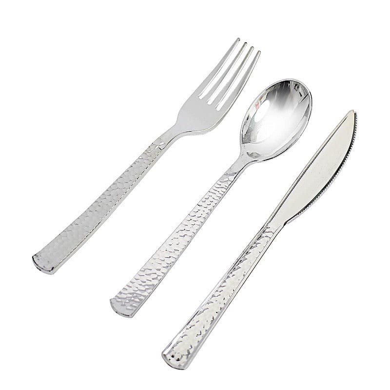24 Metallic 7 in Disposable Plastic Cutlery Hammered Design Spoons Forks and Knives Set