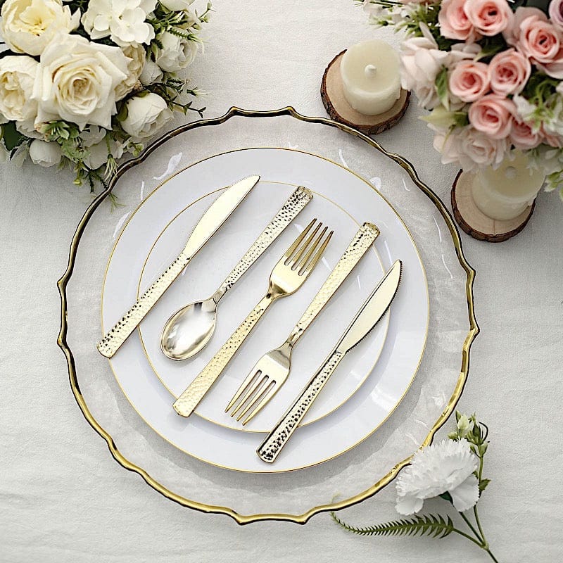 24 Metallic 7 in Disposable Plastic Cutlery Hammered Design Spoons Forks and Knives Set