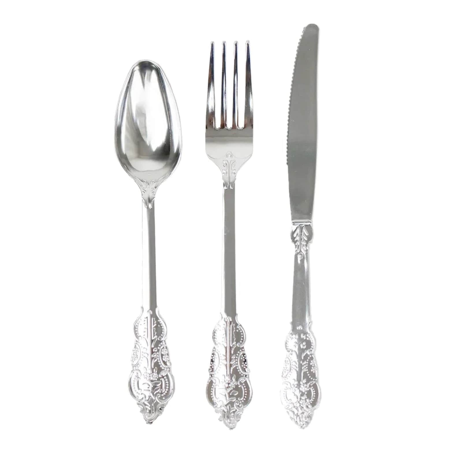 24 Silver Disposable Plastic Cutlery Baroque Style Spoons Forks and Knives Set