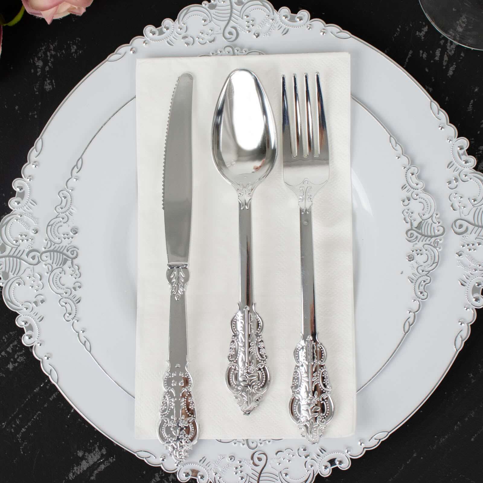 24 Silver Disposable Plastic Cutlery Baroque Style Spoons Forks and Knives Set