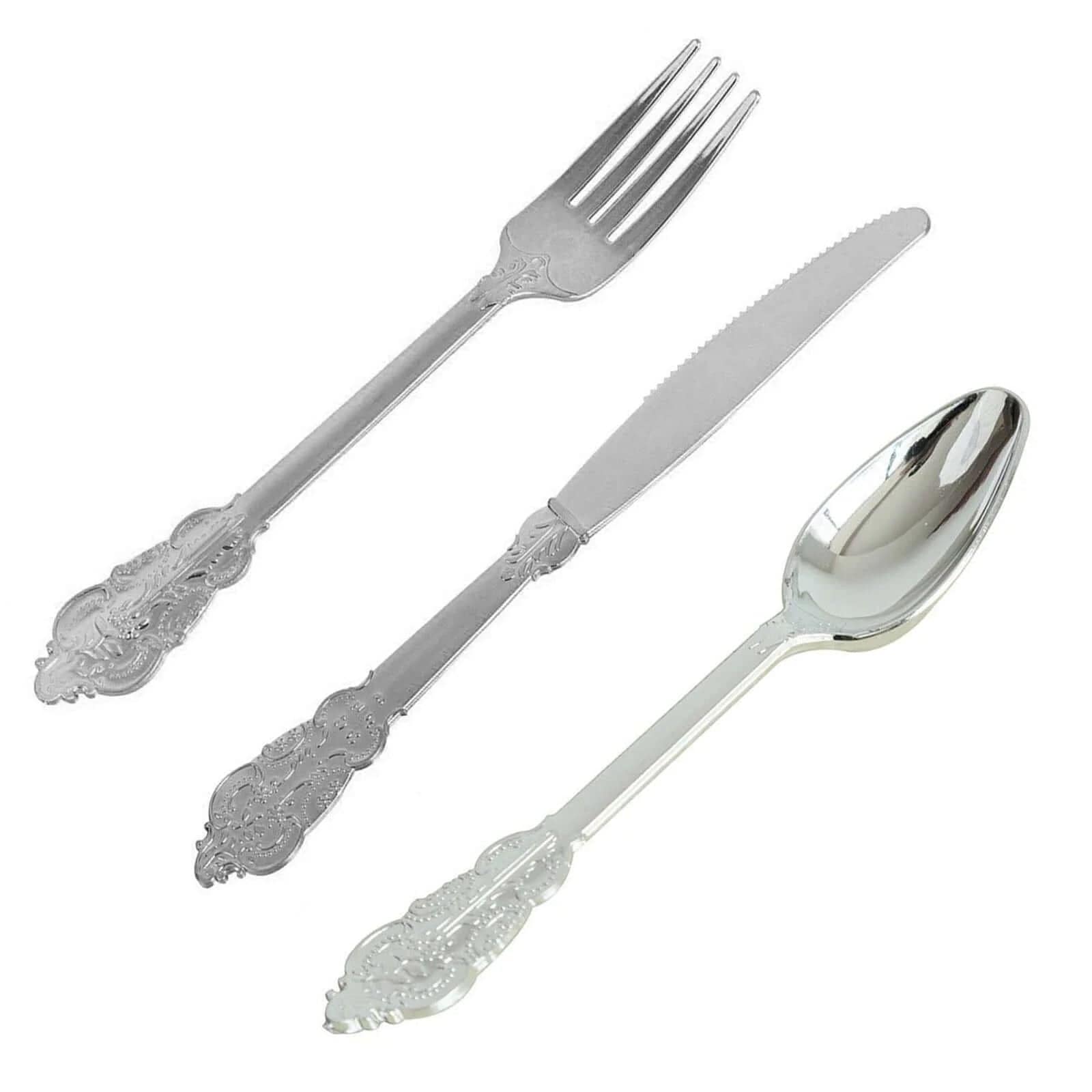 24 Silver Disposable Plastic Cutlery Baroque Style Spoons Forks and Knives Set