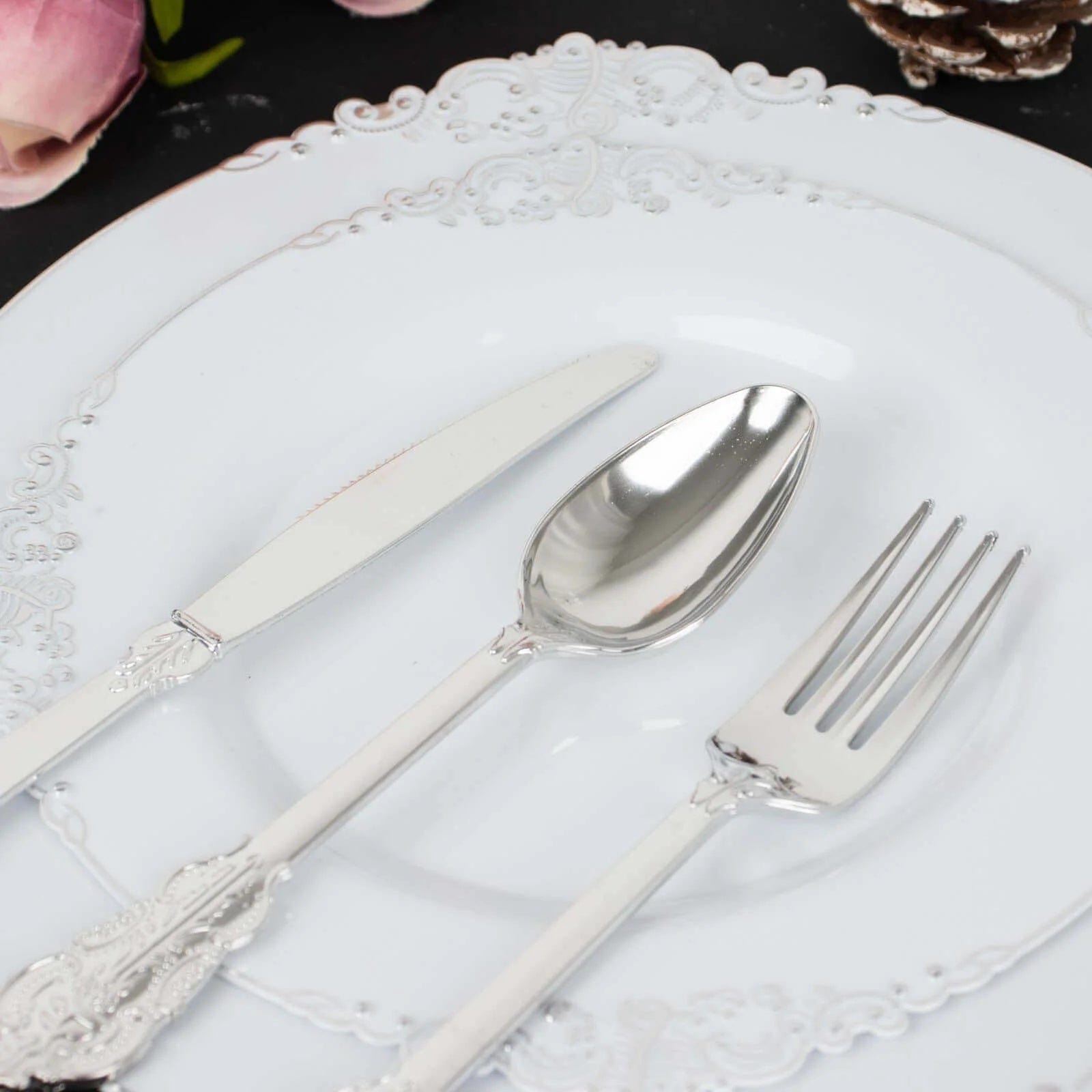 24 Silver Disposable Plastic Cutlery Baroque Style Spoons Forks and Knives Set