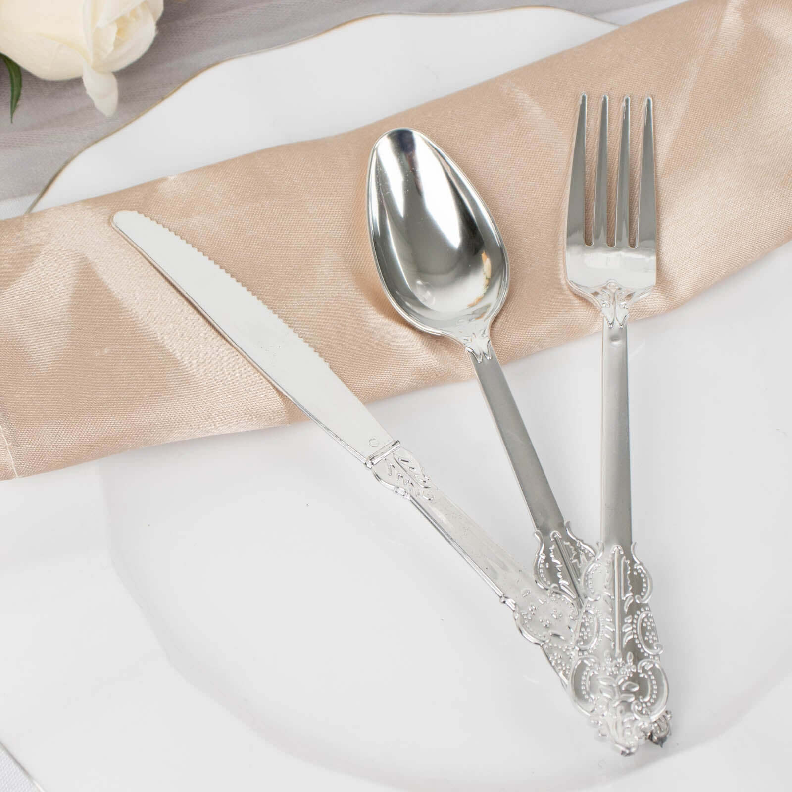 24 Silver Disposable Plastic Cutlery Baroque Style Spoons Forks and Knives Set