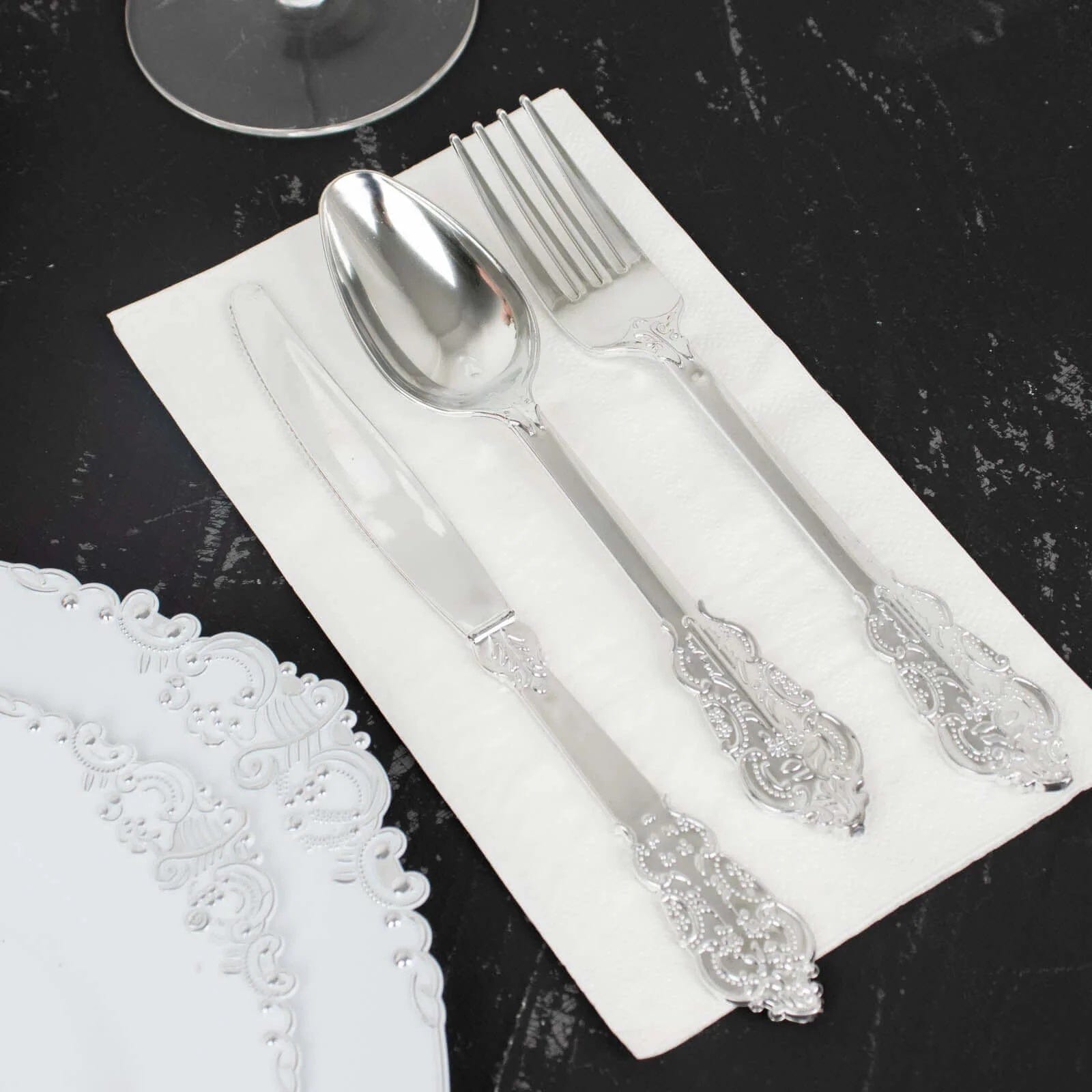 24 Silver Disposable Plastic Cutlery Baroque Style Spoons Forks and Knives Set