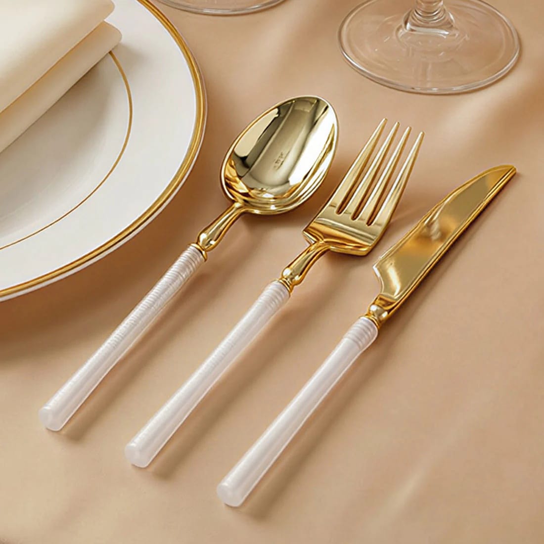 60 Gold Plastic Cutlery Spoon Fork Knife Set with White Handle
