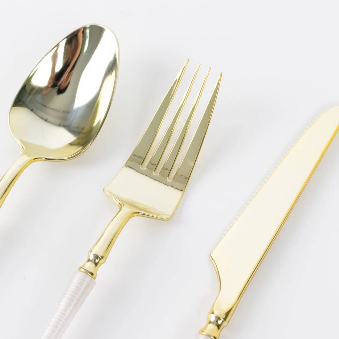 60 Gold Plastic Cutlery Spoon Fork Knife Set with White Handle