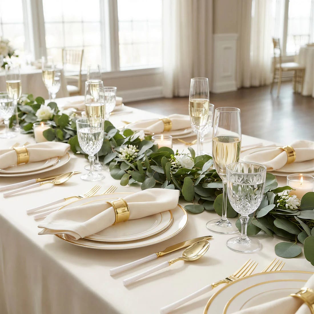 60 Gold Plastic Cutlery Spoon Fork Knife Set with White Handle