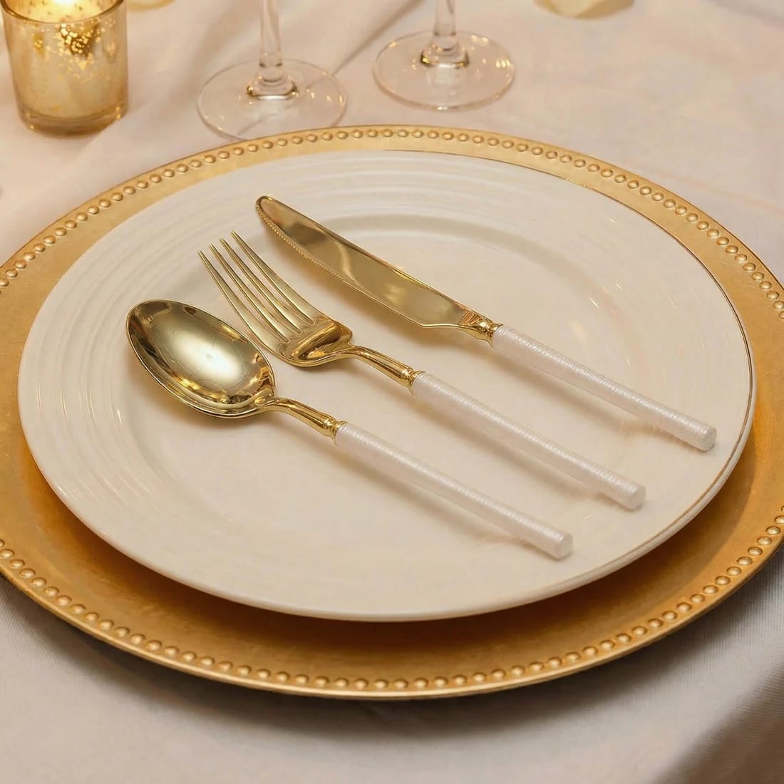 60 Gold Plastic Cutlery Spoon Fork Knife Set with White Handle