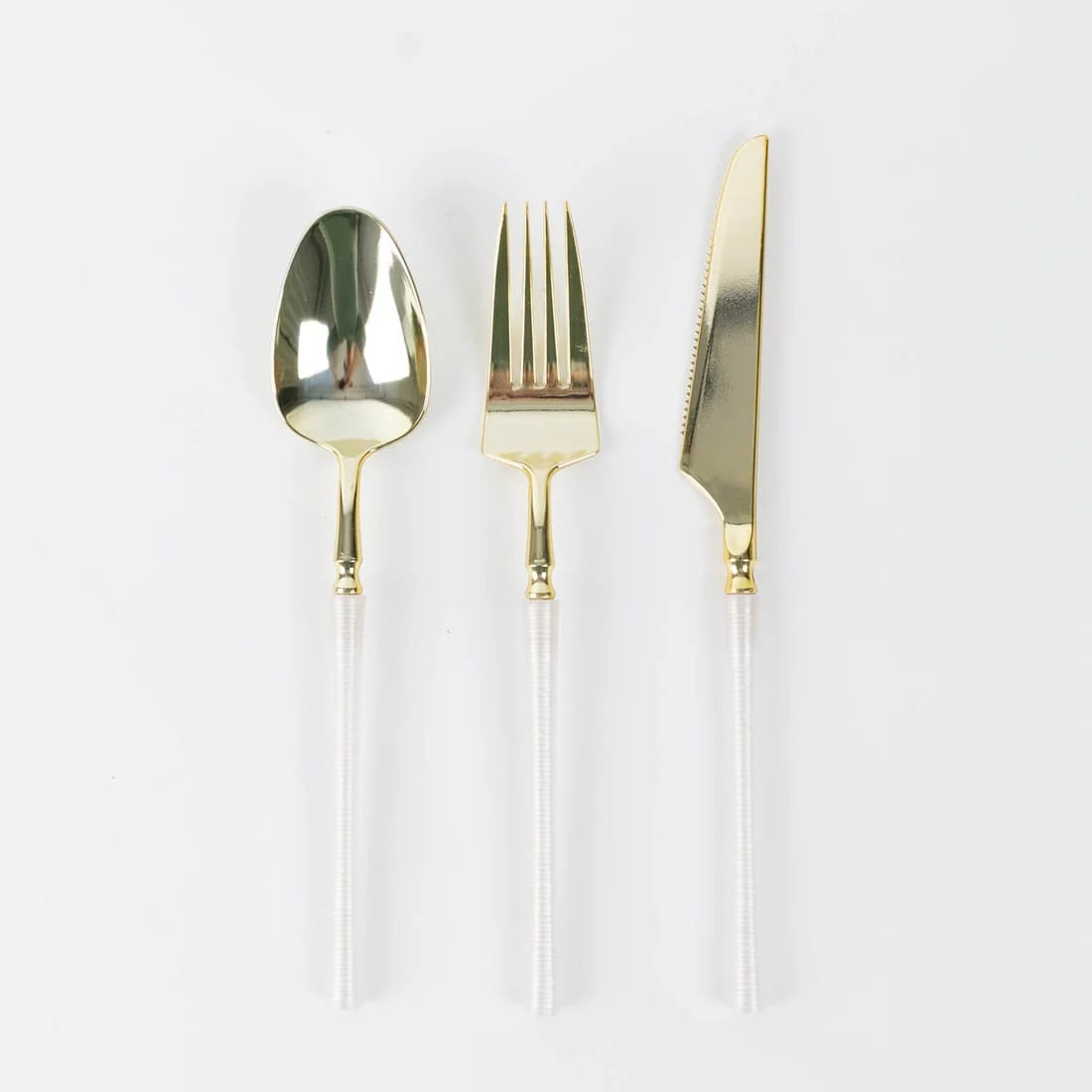 60 Gold Plastic Cutlery Spoon Fork Knife Set with White Handle