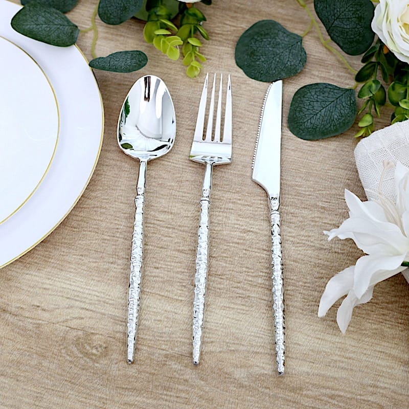 60 Plastic Disposable Silverware Set with Faceted Hammered Handles