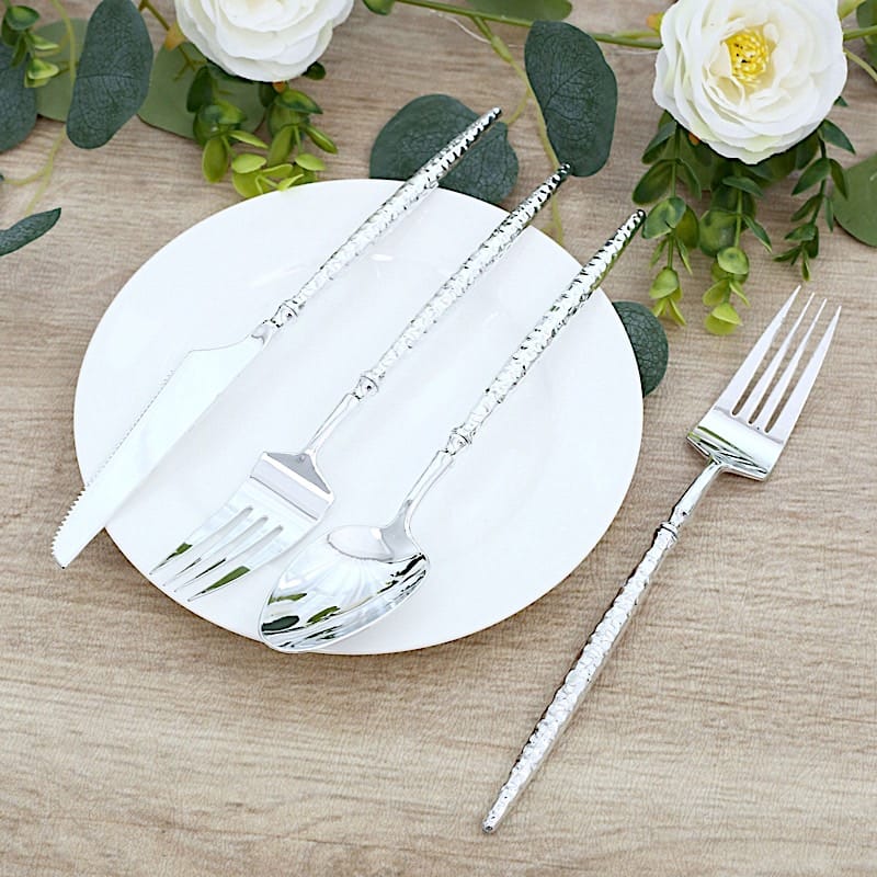 60 Plastic Disposable Silverware Set with Faceted Hammered Handles