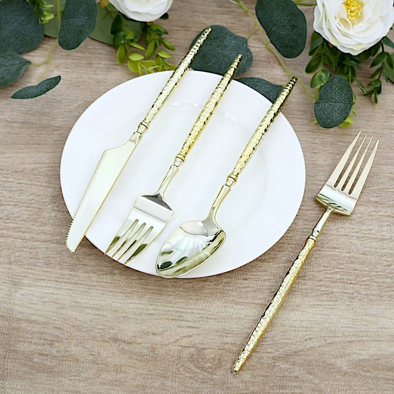 60 Plastic Disposable Silverware Set with Faceted Hammered Handles
