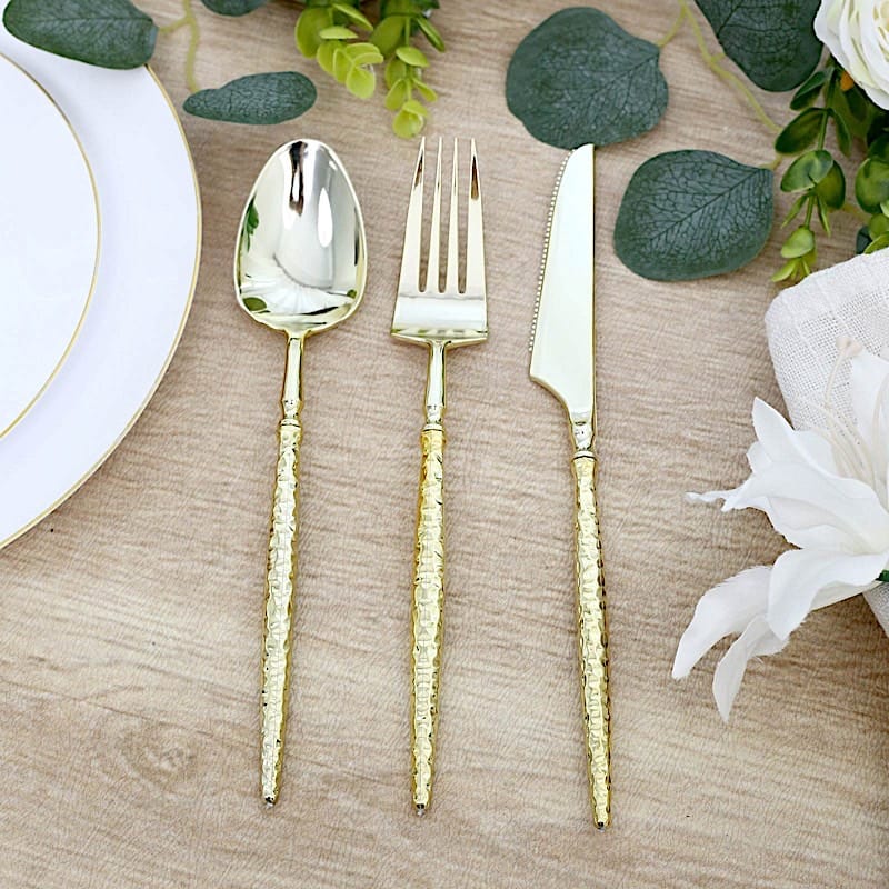 60 Plastic Disposable Silverware Set with Faceted Hammered Handles