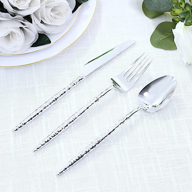 60 Plastic Disposable Silverware Set with Faceted Hammered Handles