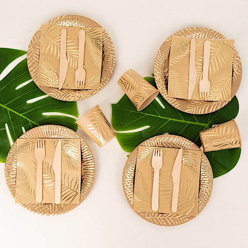 72 Natural with Gold Palm Leaves Print Disposable Paper Tableware Set