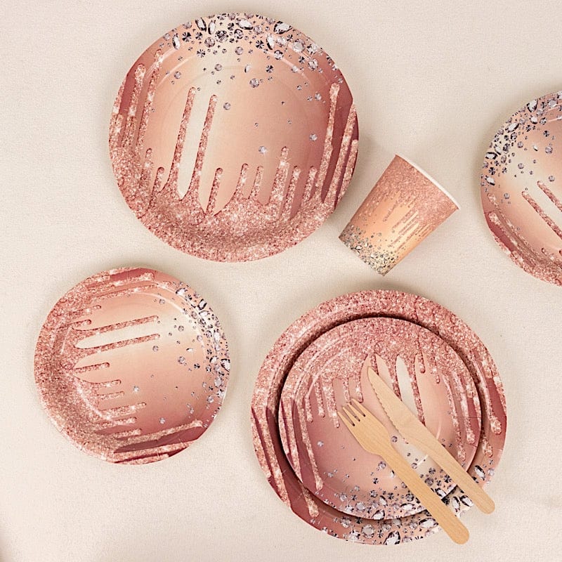 72 Rose Gold with Diamond Glitter Pattern Disposable Paper Tableware Set