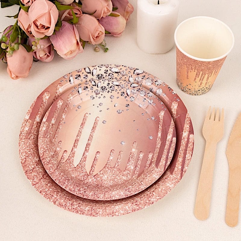 72 Rose Gold with Diamond Glitter Pattern Disposable Paper Tableware Set