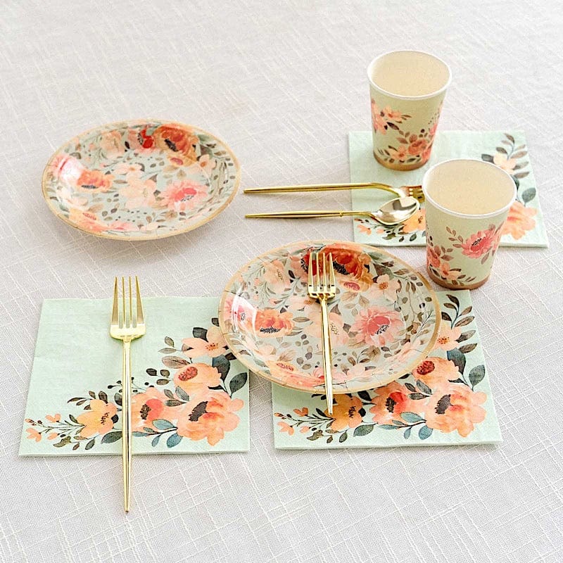 72 Sage Green Disposable Dinnerware Set with Pink Floral Print