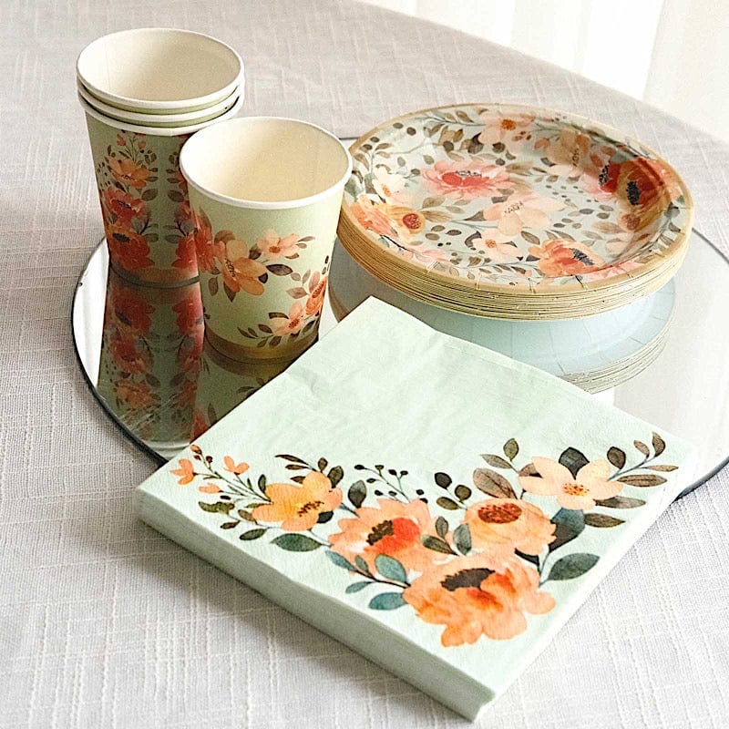 72 Sage Green Disposable Dinnerware Set with Pink Floral Print