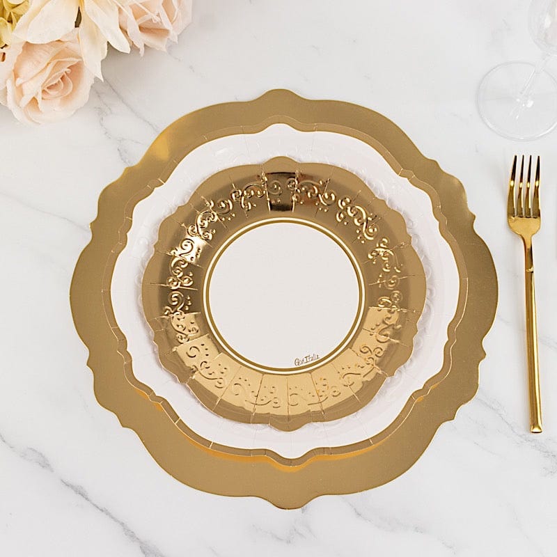75 White Gold Round Disposable Paper Plates with Embossed Scalloped Rim